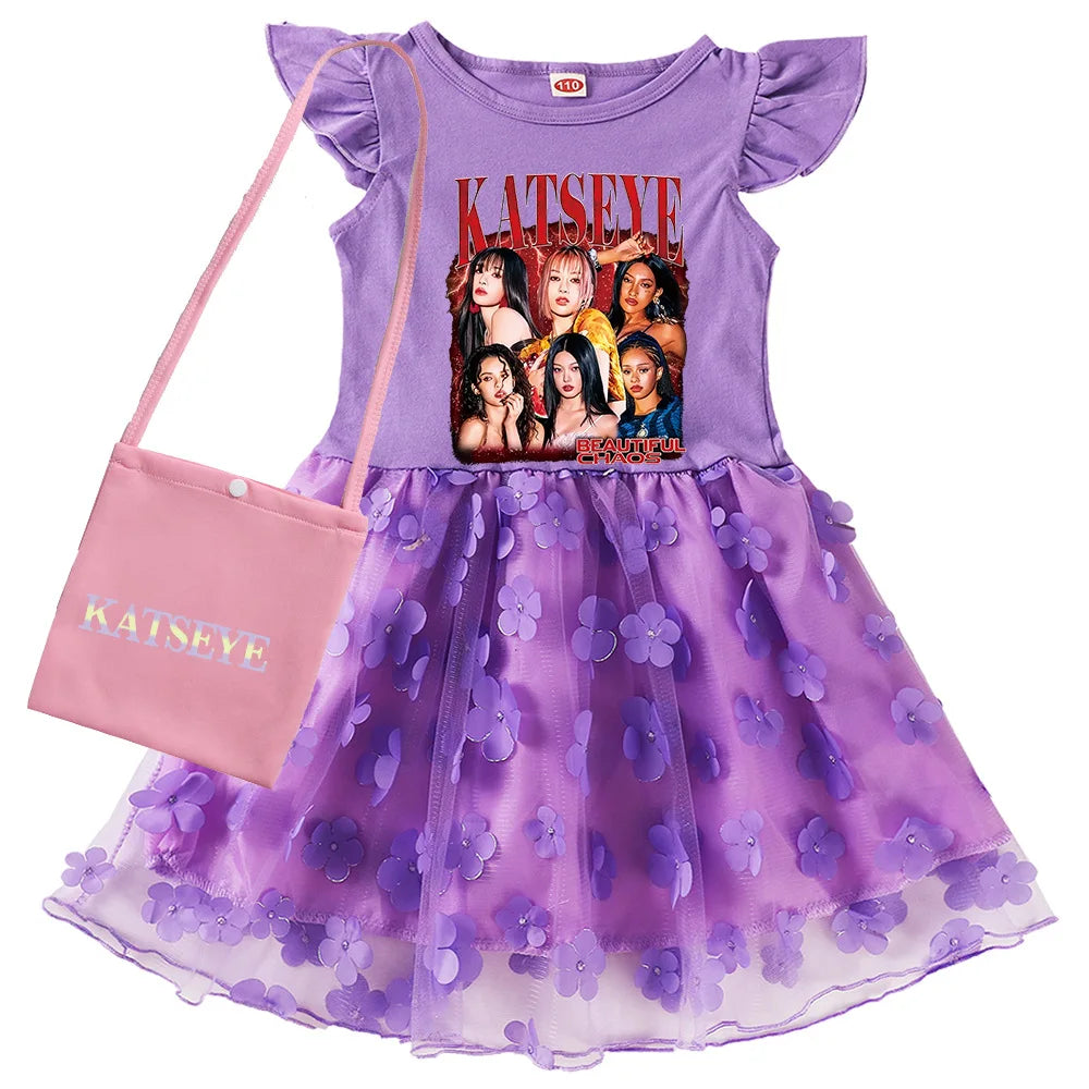KATSEYE Kpop Clothes Kids Cartoon Summer Dress&bag Baby Girls Fly Sleeve Casual Dresses Girl Sequin Mesh Party Princess Vestidos