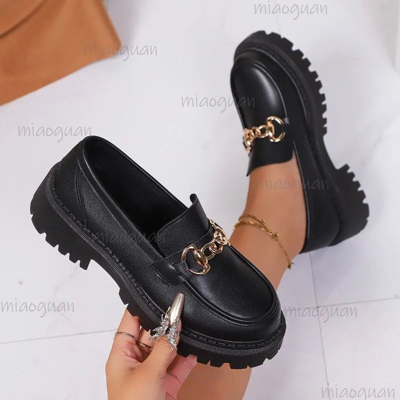 Fashion Metal Decoration Black Loafers Shoes for Women Non Slip Platform Casual Shoes Slip-on Office Ladies Footwear Size 35-43