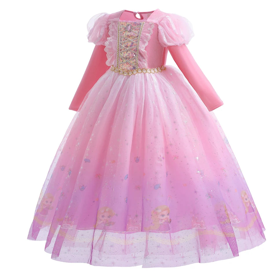 Girls Princess Pink Dress Children Rapunzel Pink Clothing Girls Spring Autumn and Winter Velvet Dress Kids Stage Performs Clothe