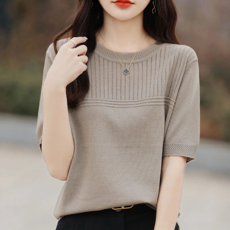 Summer New Round Neck Women's Ice Silk Sweater Temperament Joker Loose Slim Short Sleeve Age-Reducing Fashion Sweater