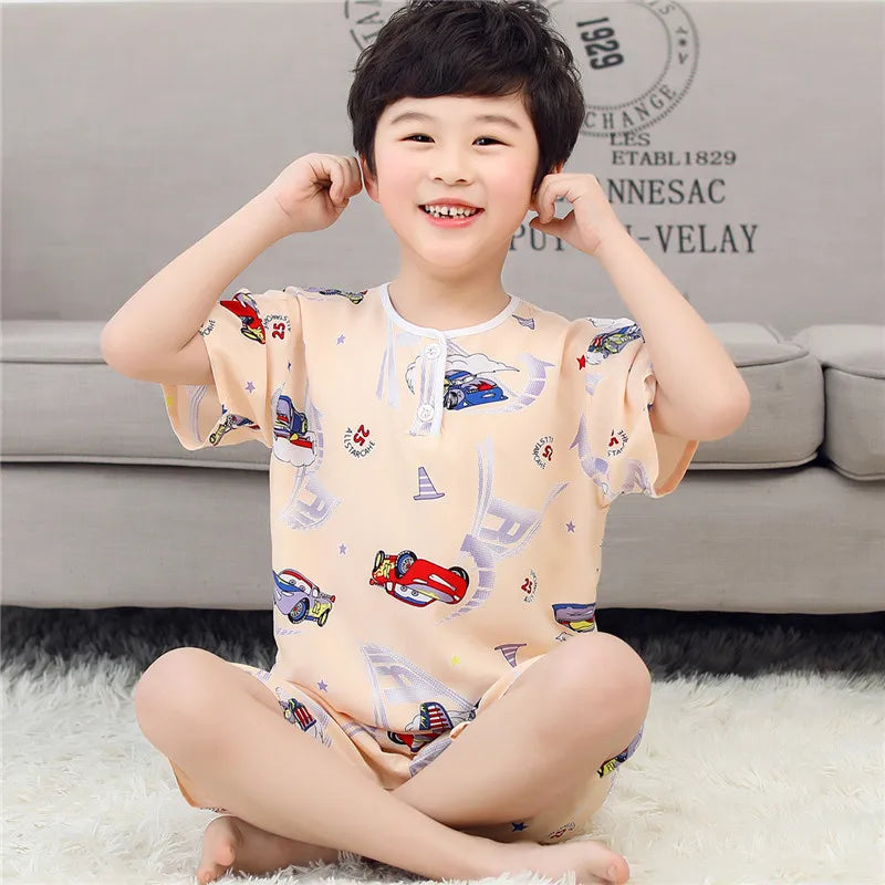 Kids Boys Girls Pajamas New 2023 Summer Thin Cute Cartoon Short Sleeve O-Neck Casual Tops with Shorts Baby Sleeping Clothing Set