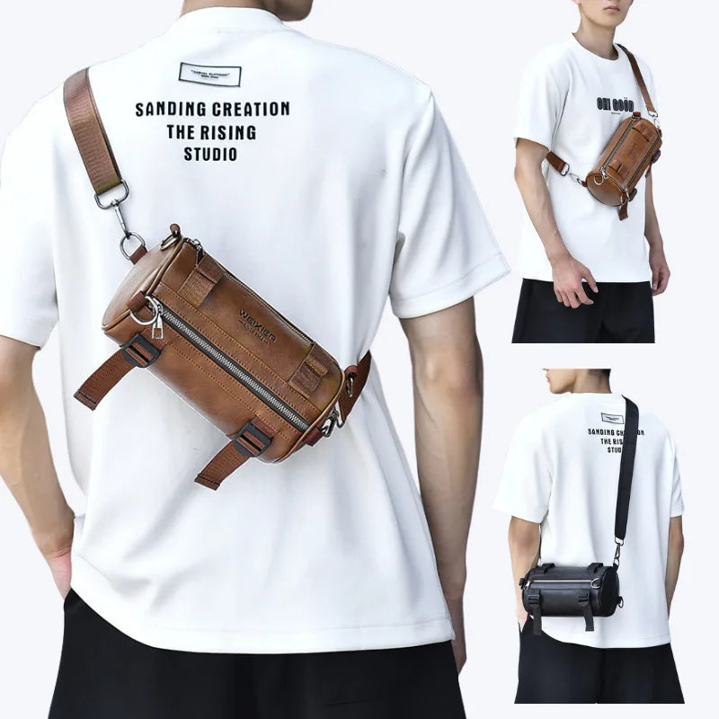 Fashion PU Leather Crossbody Shoulder Bag for Men Bucket Shoulder Bag Men‘s Casual Barrel Handbags Male Circular Messenger Bags
