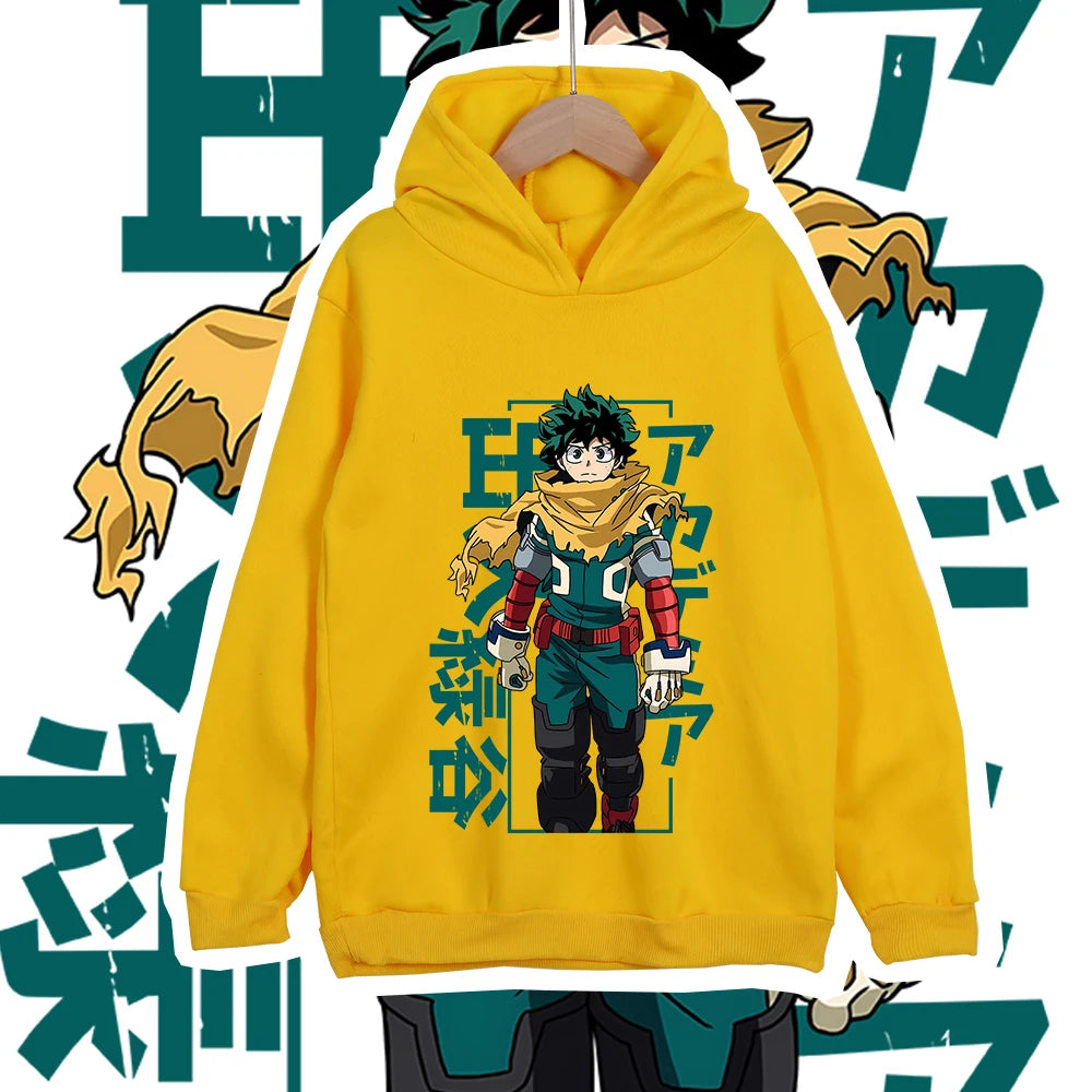 Kids Anime Cotton Tshirt Mha Midoriya Print Unisex Hoodie Sweatshirt for Boys Girls 100-160cm Cartoon Casual Clothes