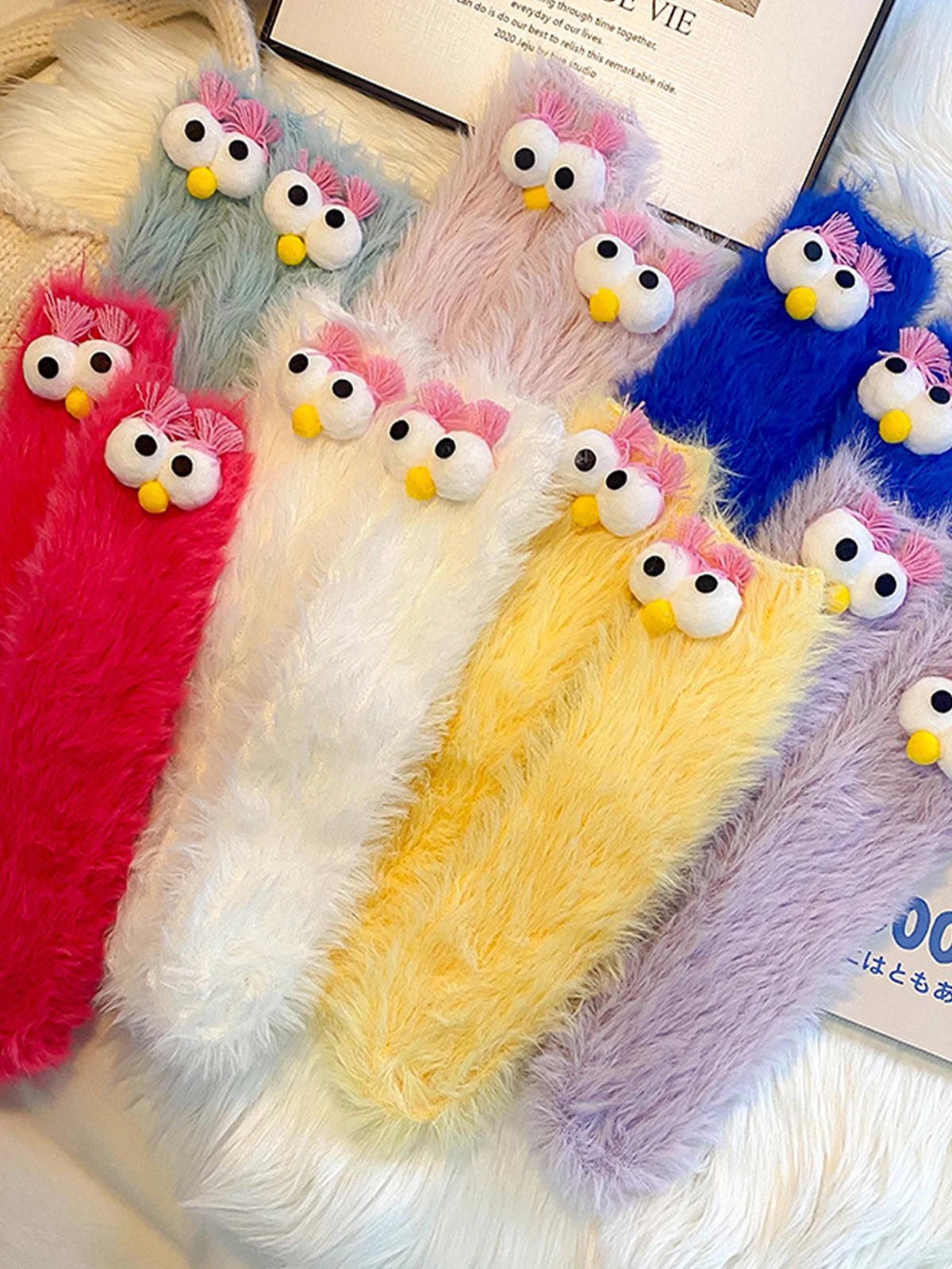 1 Pair of Women's Creative Socks, Festive Socks, Cartoon Socks, Plush Socks, Ankle Socks, Big-Eyed Socks, Cute Socks, Warm Socks