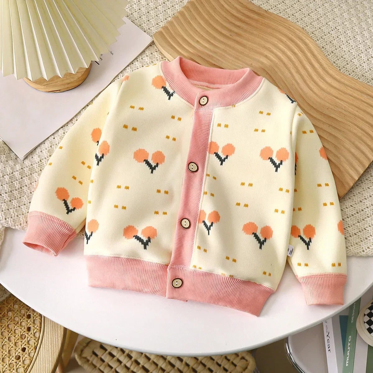 1-7T Children Long Sleeved Jacket Fur Padded Cute Girls Coat Kids Autumn Sweet Cherry Checkered Pattern Warm Cardigan Outwear