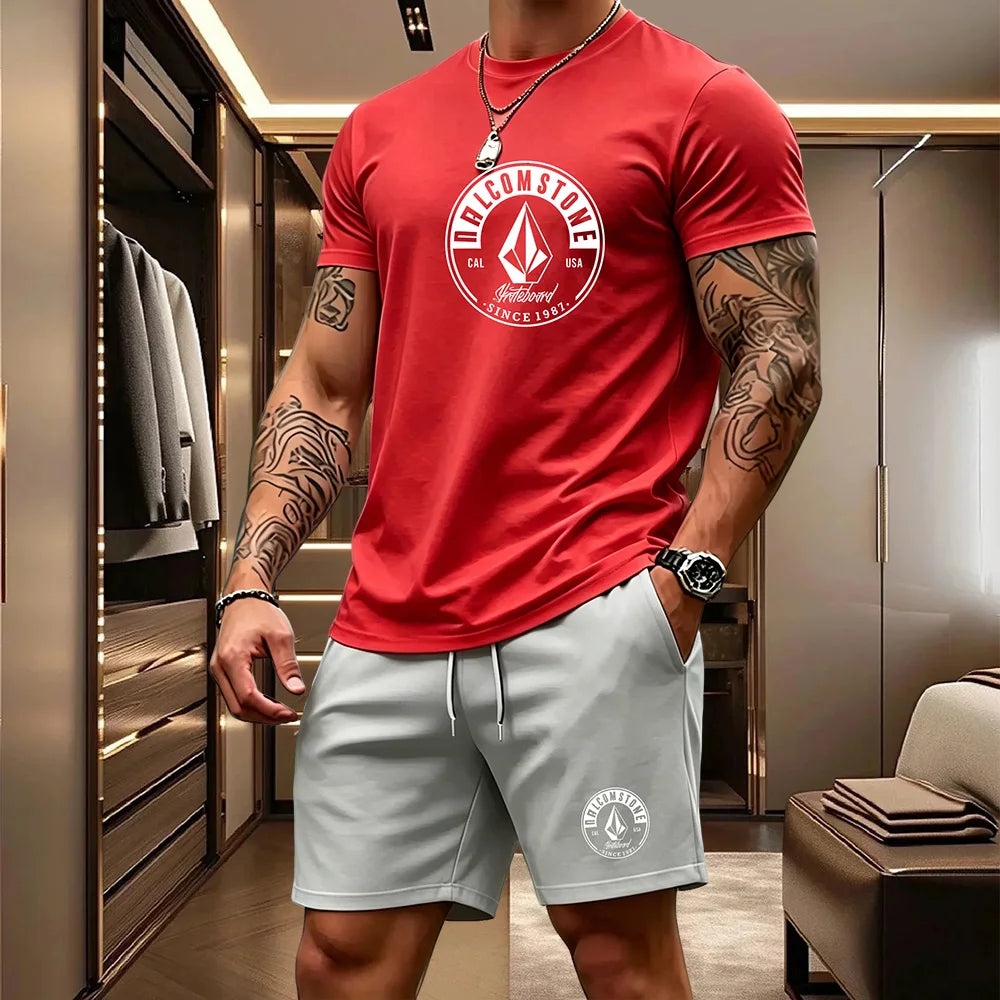 Men's Casual Sportswear 2-piece Set Classic Short Sleeved T-shirt+drawstring Pocket Shorts Street Skateboarding Outdoor Outfit