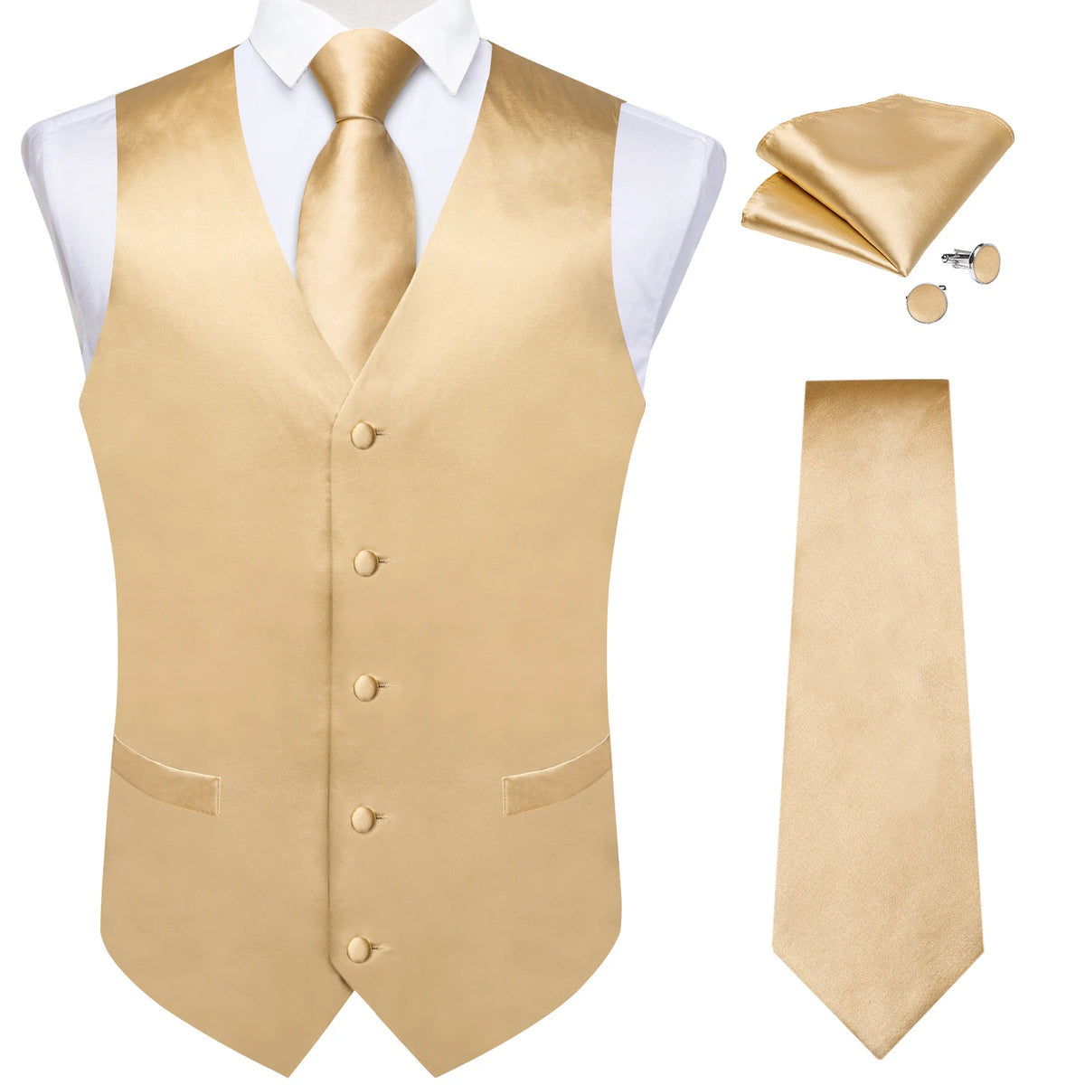 Luxury Paisley Gold Vest for Man Formal Yellow Solid Men's Waistcoat Necktie Pocket Square Wedding Business Chaleco Hombre