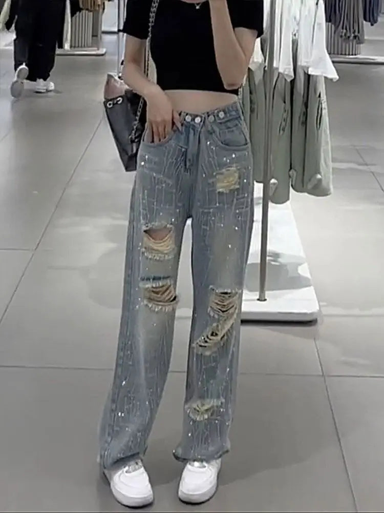 Female Cowboy Pants with Rhinestones Women's Torn Jeans High Waist Shot Wide Leg Trousers Summer Unique Shiny Original Pant 90s