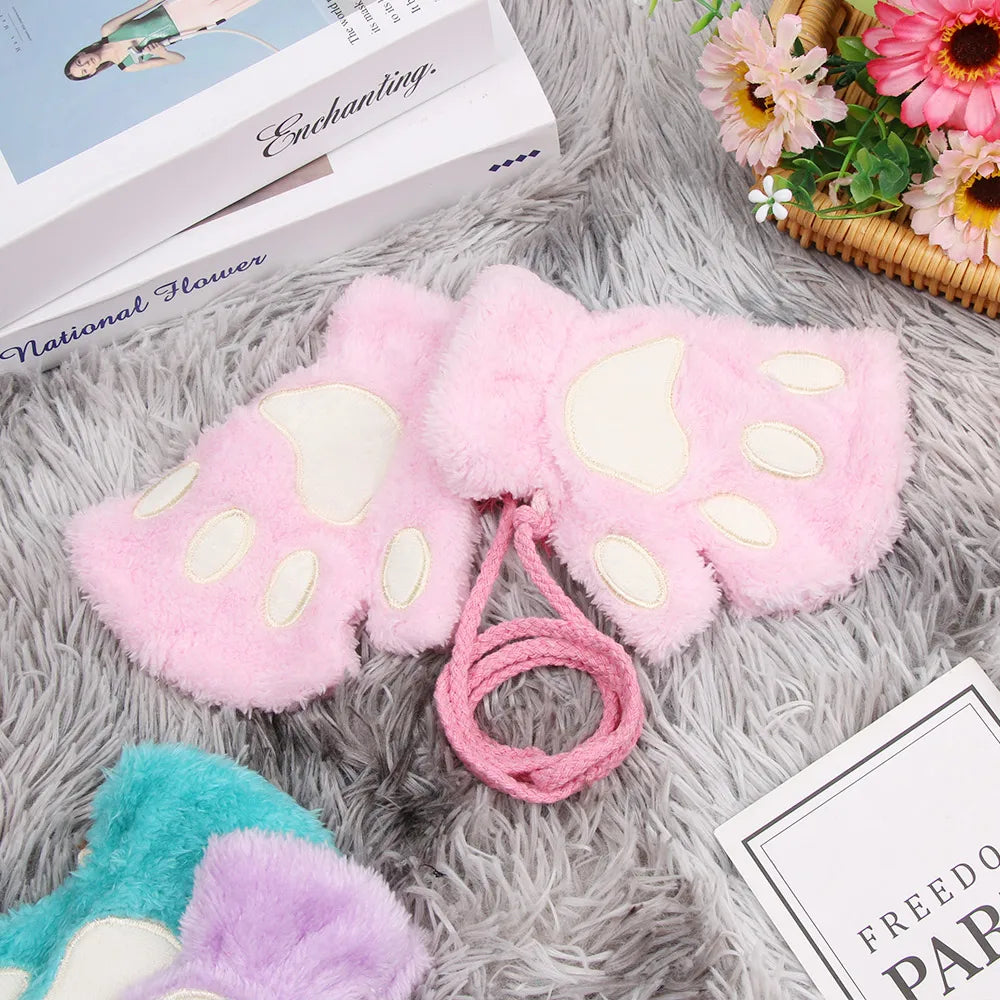 Children Cat Gloves Fashion Boys Girls Cat Claw Paw  Mittens Warm Soft  Short Fingerless Half Finger Winter Gloves