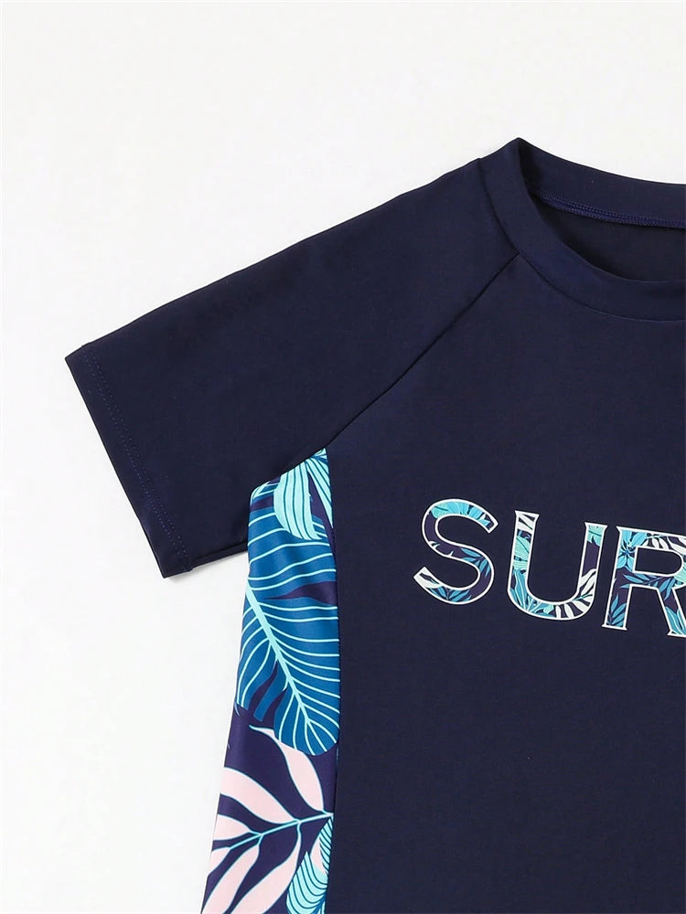 Boy Kids Swimsuit 2026 New Solid Print Short Sleeve Children Swimwear Summer Two Piece Split Beachwear Bathing Suit For Swimming