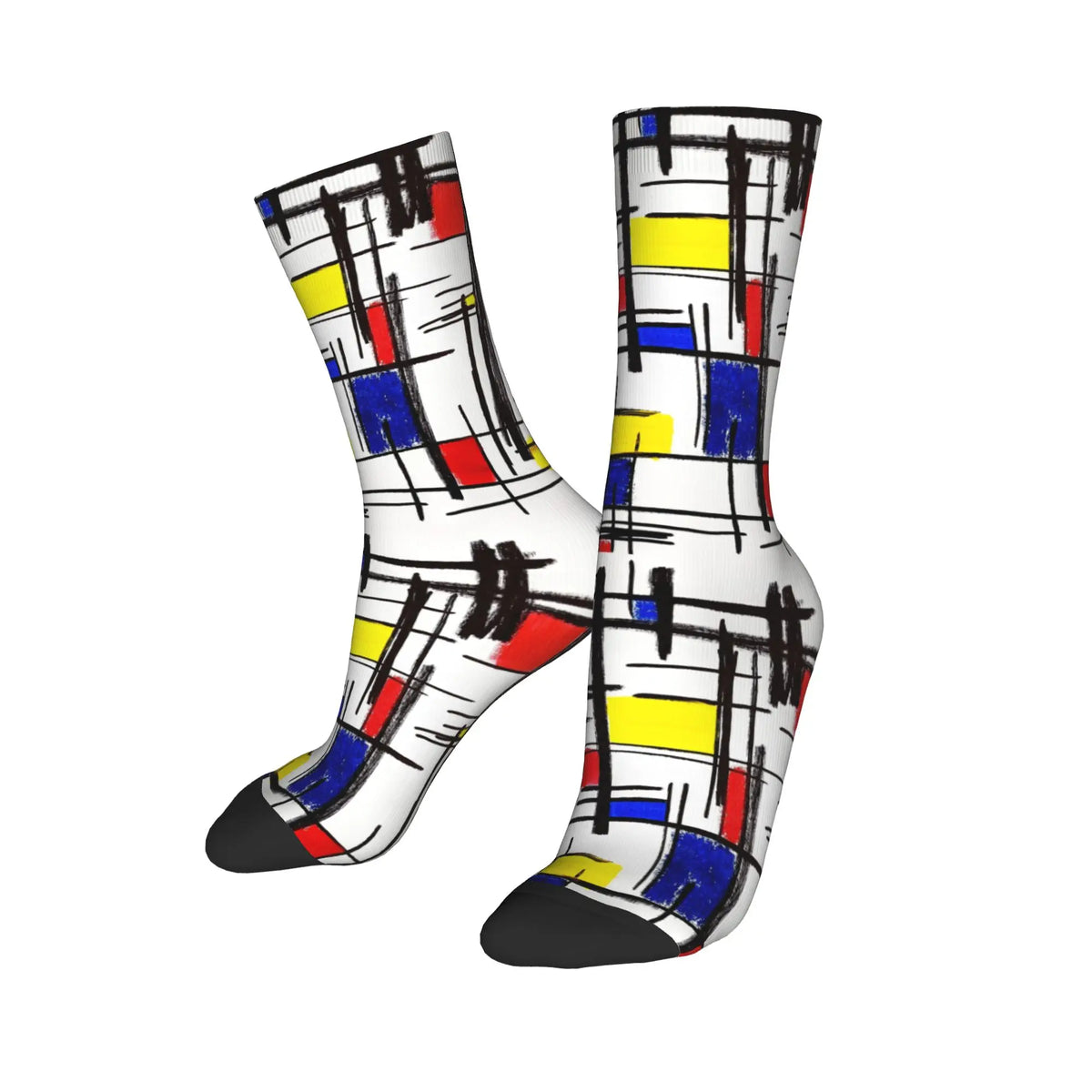 Custom Color Art Retro Mondrian Men Women Crew Socks Unisex Fashion 3D Printed Abstract Art Plaid Dress Socks