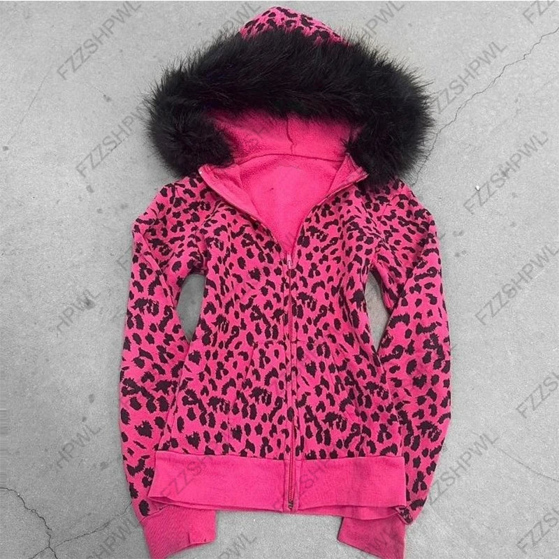 Plush Leopard Pattern Hoodie High Street Urban Beauty 90S Tops Trash Punk American Hip-Hop Rock Retro Chic Casual Women's Hoodie