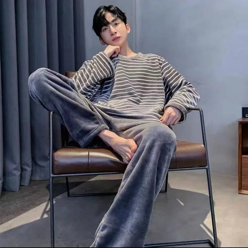 2/pce Set Spring Autumn Winter Man Casuall Pajama Male Simple Striped Thick Plush Pajama Man Long Sleeves Pants Warm Loungewear