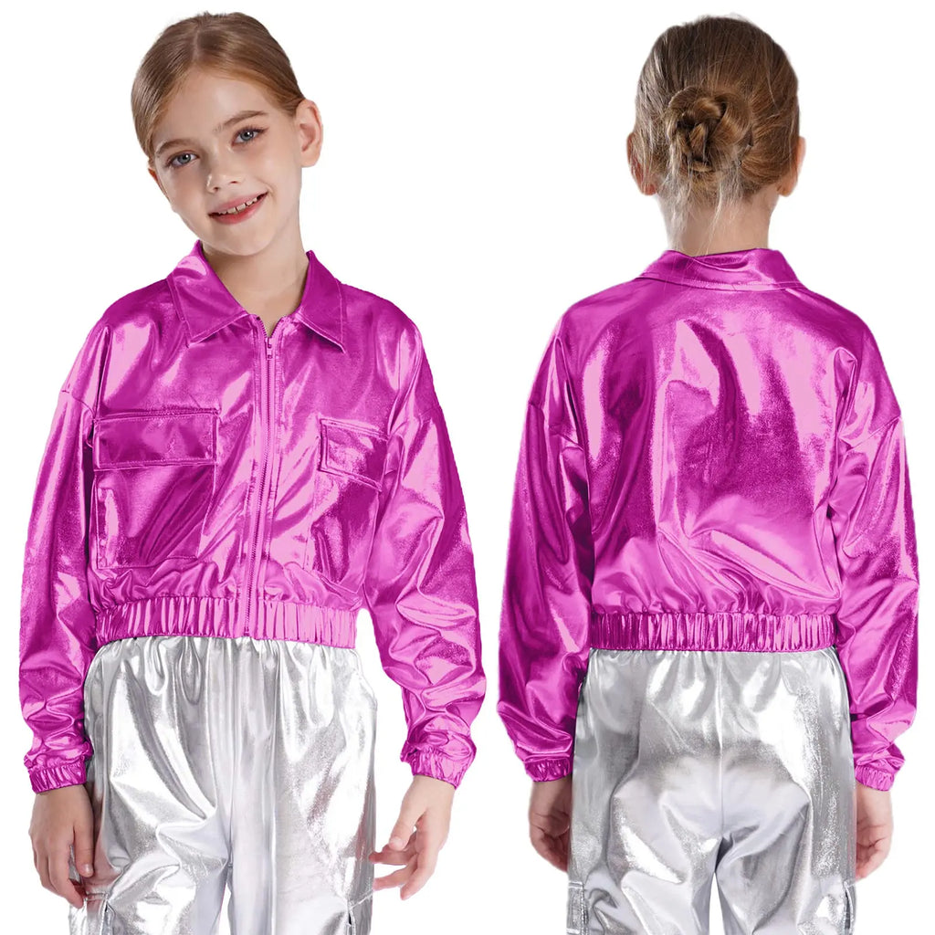 Kids Boys Girls Metallic Shiny Jacket for Hip-Hop Jazz Dance Tops Long Sleeve Flap Pockets Outwear Dancing Performance Costumes