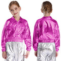 Kids Boys Girls Metallic Shiny Jacket for Hip-Hop Jazz Dance Tops Long Sleeve Flap Pockets Outwear Dancing Performance Costumes