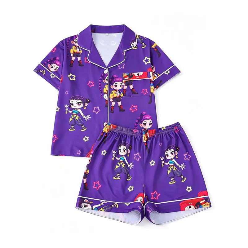 Kids K-Pop Cartoon Pajama Set Rumi Mira Zoe Korean Girl Print Lapel Top+Shorts 2pc Outfit Sleepwear Pyjamas Home Wear
