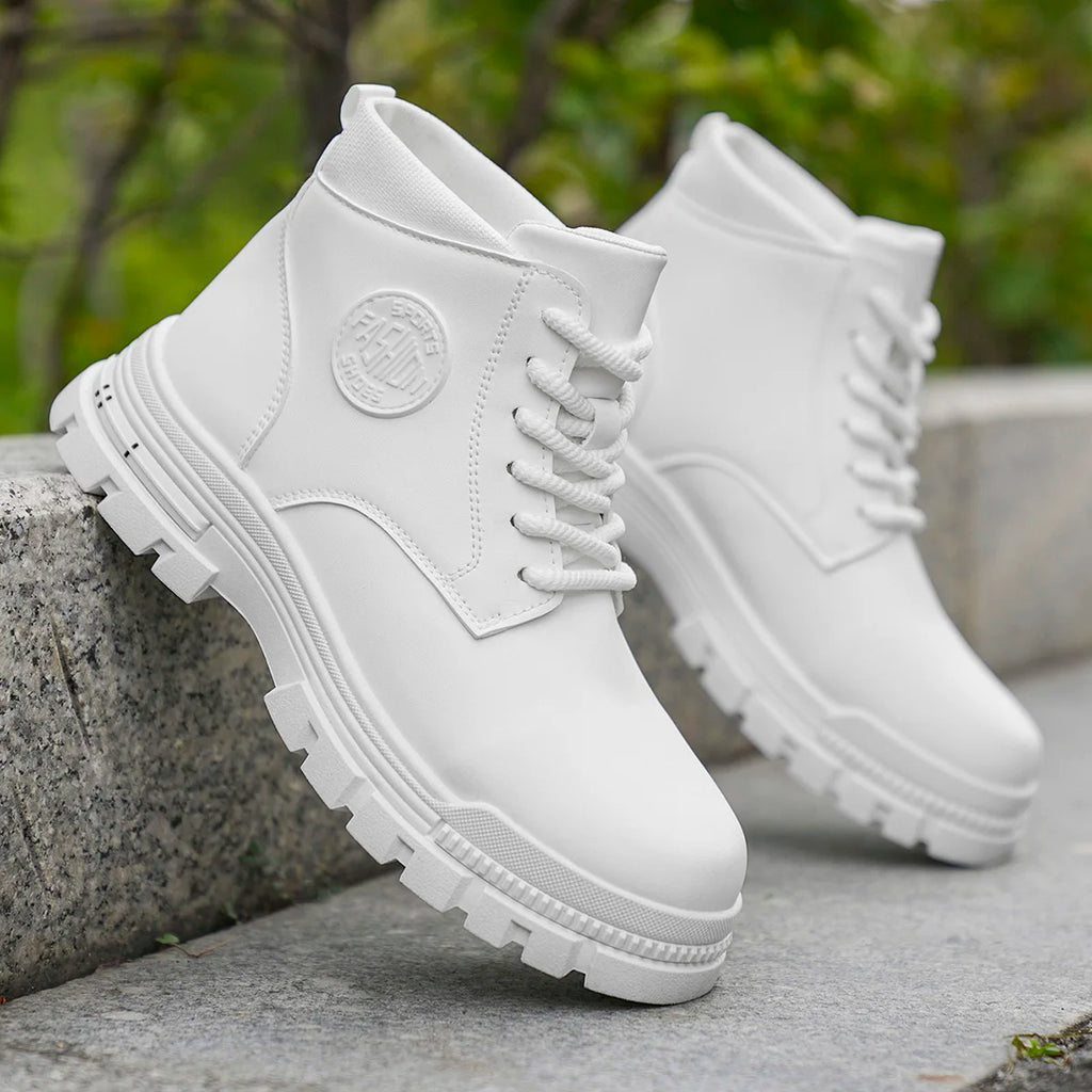 Men's Fashionable All-Season White Motorcycle Boots Autumn Winter Outdoor Hiking Mountaineering Shoes Durable Comfortable