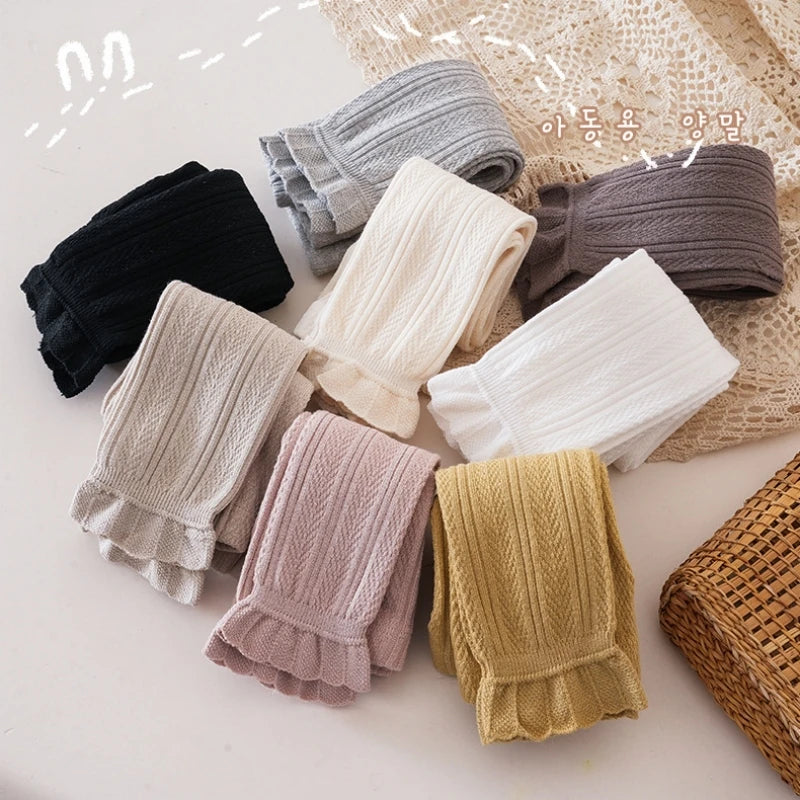 Kid Pants Spring Autumn Baby Girls Stretch Tight Leggings Cotton Solid Ruffle Ribbed Toddler for 1-8years