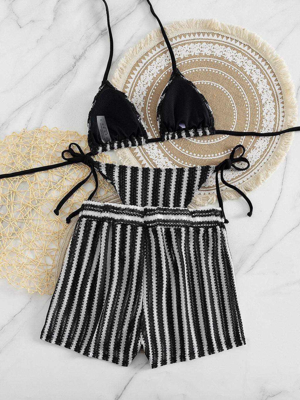 Women's Black and White Striped 3 Piece Swimwear Set, Halter Triangle Bikini Top with Cover Up Shorts for Beach
