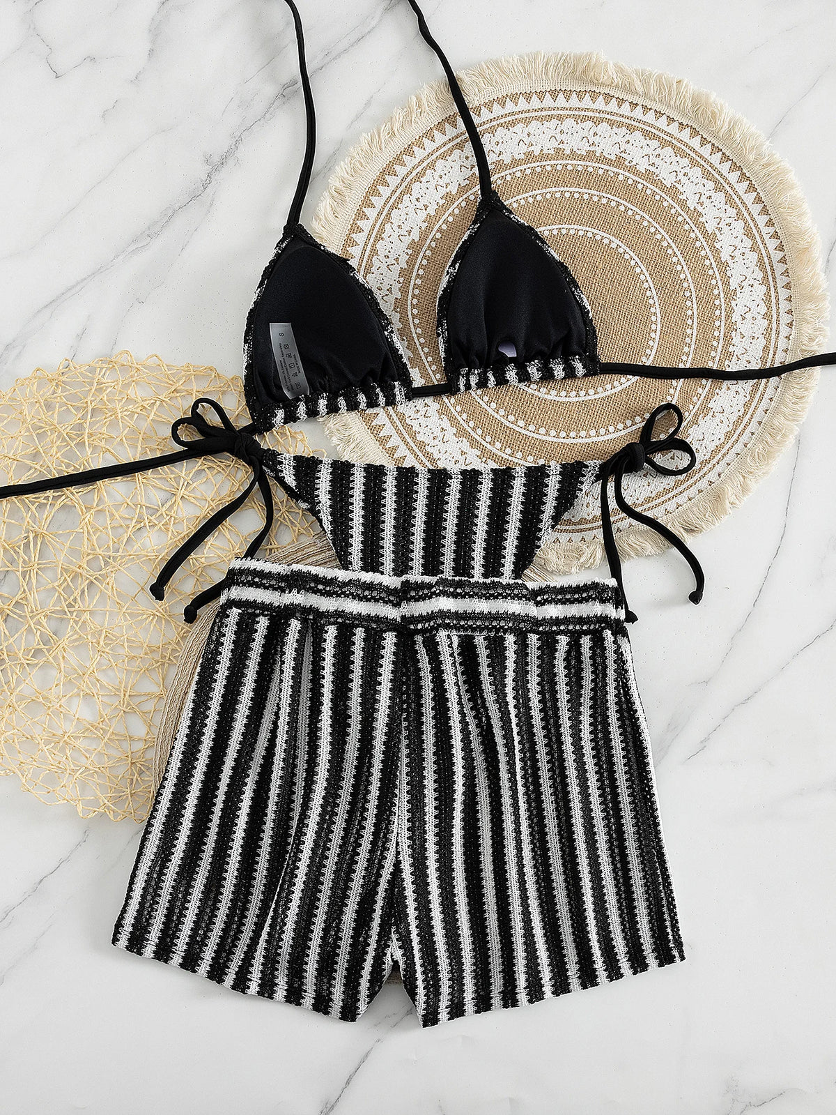 Women's Black and White Striped 3 Piece Swimwear Set, Halter Triangle Bikini Top with Cover Up Shorts for Beach