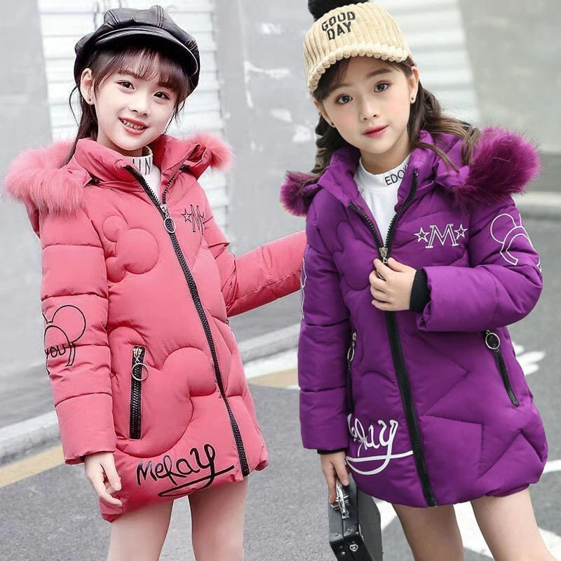 3-12 Years Winter Teen Girls jacket Long Style Letter Decoration Detachable Hat Lined With Velvet Hooded Thick Coat For Kids
