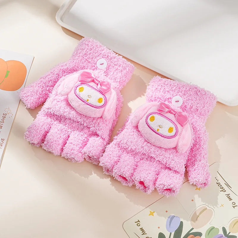 Children's Warm Gloves for Boys and Girls Cartoon Cute Half Finger Knitted Winter Flip Cover Baby Thick Cold Proof Five Fingers