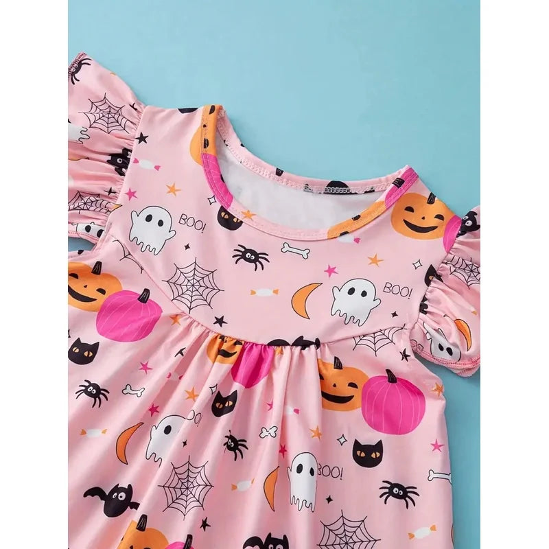 Children's Halloween Cartoon Print Dress Casual Elegant Fashionable round Neck Ruffled mid Length Skirt for Kids