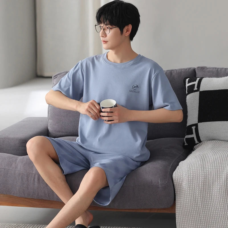 MiiOW 2Pcs Men's Pajamas Set Summer O-neck Mens Short Sleeve Homewear Big SIze L-3XL Man Sleepwear Cotton Breathable Men Pajamas