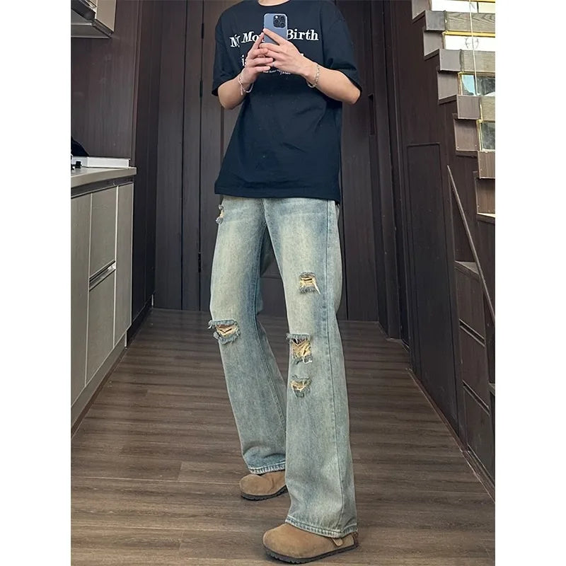 Man Pants Mens Jeans Baggy Jeans Distressed Loose Straight Leg Summer Retro High Street Casual Trousers For Men