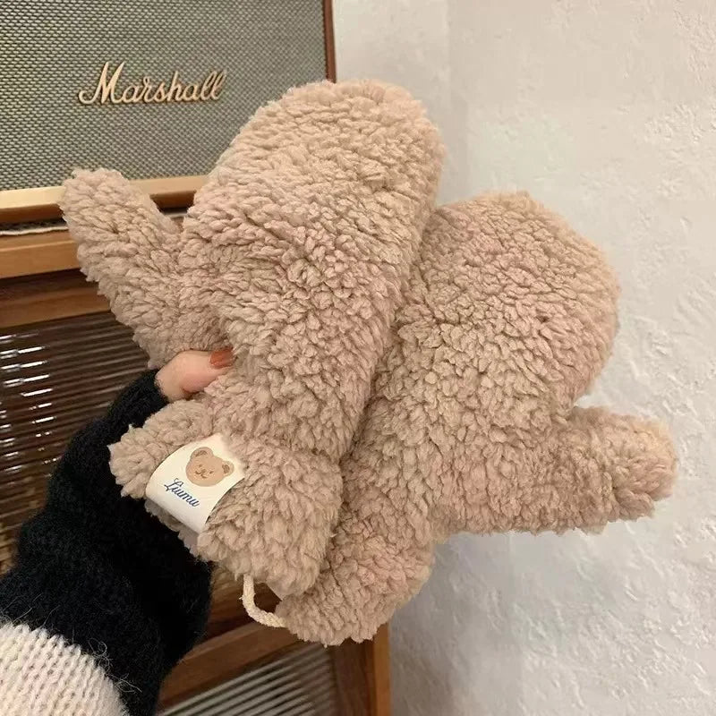 Women's Gloves Korean Kawaii Cute Sweet Preppy Style Funny Verstaile Thicked Funny Plush Warm Windproof Mittens For Girl Gift