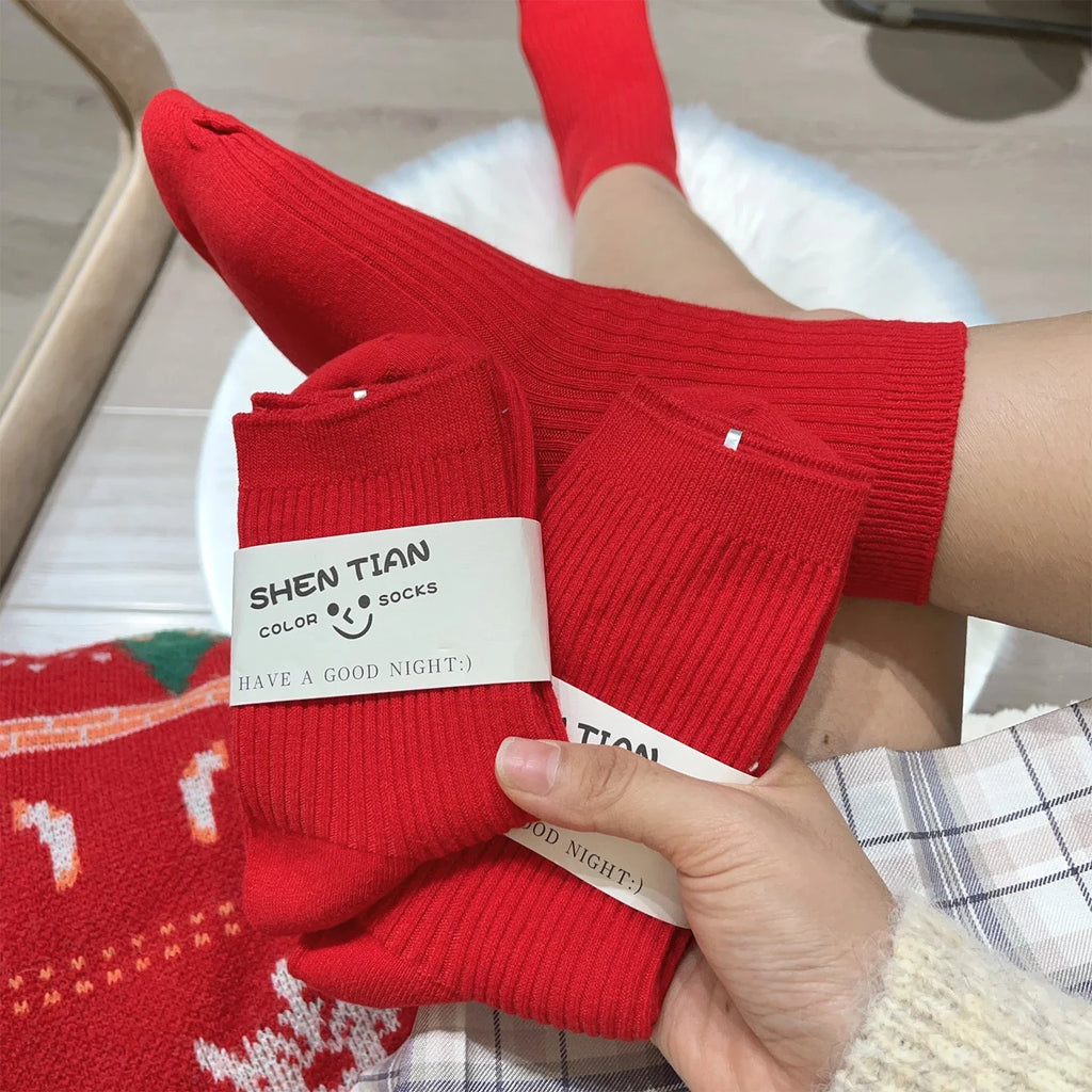Men Women Socks Red New Year Cotton Socks Breathable Sports Comfortable Solid Color Cotton Festival Casual Lucky Red Floor Socks