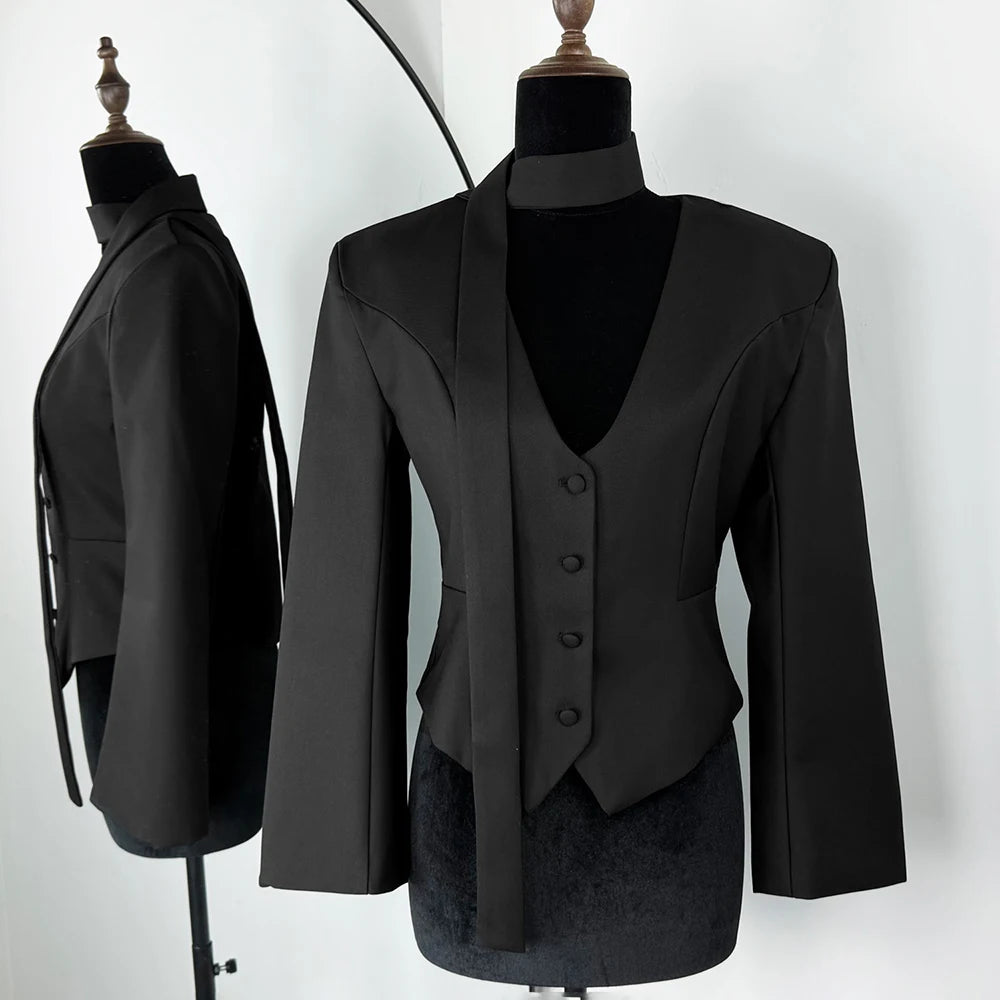 Talenza Female Fashion Blazer New Solid V-Neck Scarf Ribbon Long Sleeve Slim Blazer Elegant Luxury Chic Party Women Blazer Coats