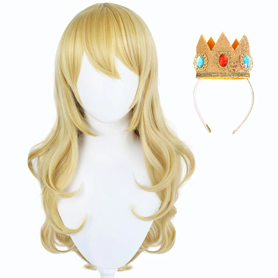 Women Princess Peach Cosplay Wig Styled Peach Girl Gold Hair Costumes Game Cosplay Princess Wig Peach Crown Cosplay Long Wavy