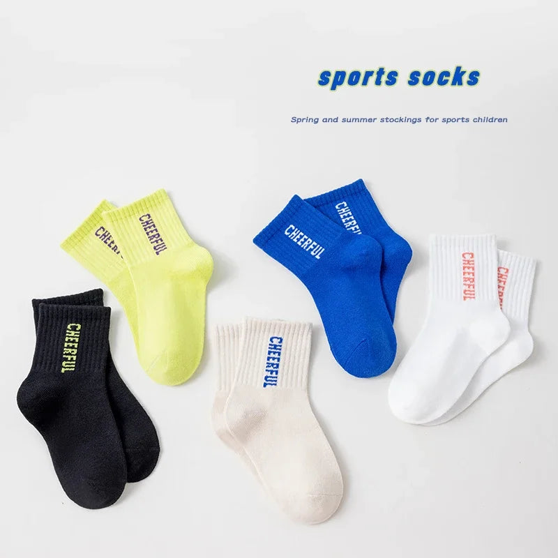 Kids Boys Sports Socks 5 Pairs Letter Breathable Anti-pilling Comfortable Soft Concise Half Socks For Child Boys And Girls