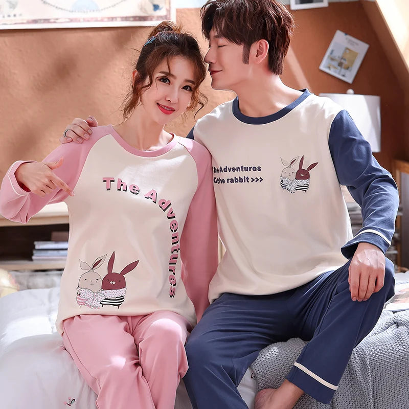 Cartoon Cute Pajamas Set For Women Men Cotton Couples Homewear Autumn Spring Long Sleep Tops Pant Nightwear Mujer hombre