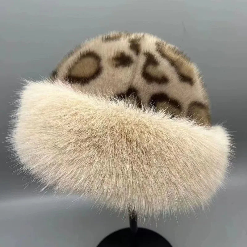 Fashionable Leopard Print Plush Hat Women's Autumn and Winter Retro Thickening Cold Protection To Show The Face Hats for Women