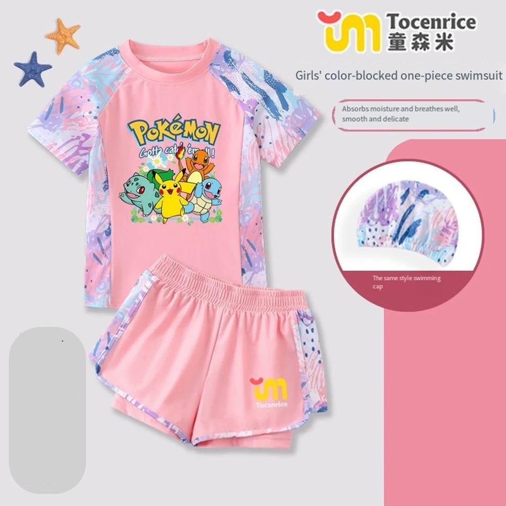 Pokemon Pikachu Girls 2 Piece Swimsuit Set Quick Dry Rash Guard Kids Cartoon Beach Bathing Suit Summer Children Swimwear Outfit