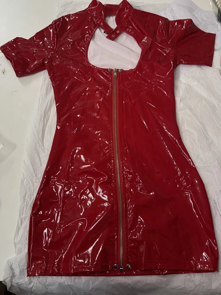 Women PVC Leather Bodycon Front Zipper Crotch Dress Wet Look Latex Catsuit Sexy Erotic Clubwear Short Sleeve Pole Dance Costumes