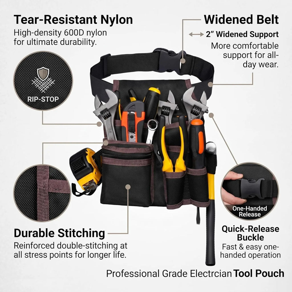 Tool Belt, Electrician Tool Pouch, Adjustable Tool Belts for Men Women, Utility Belt with Hammer Holder, Multi-Pocket Organizer