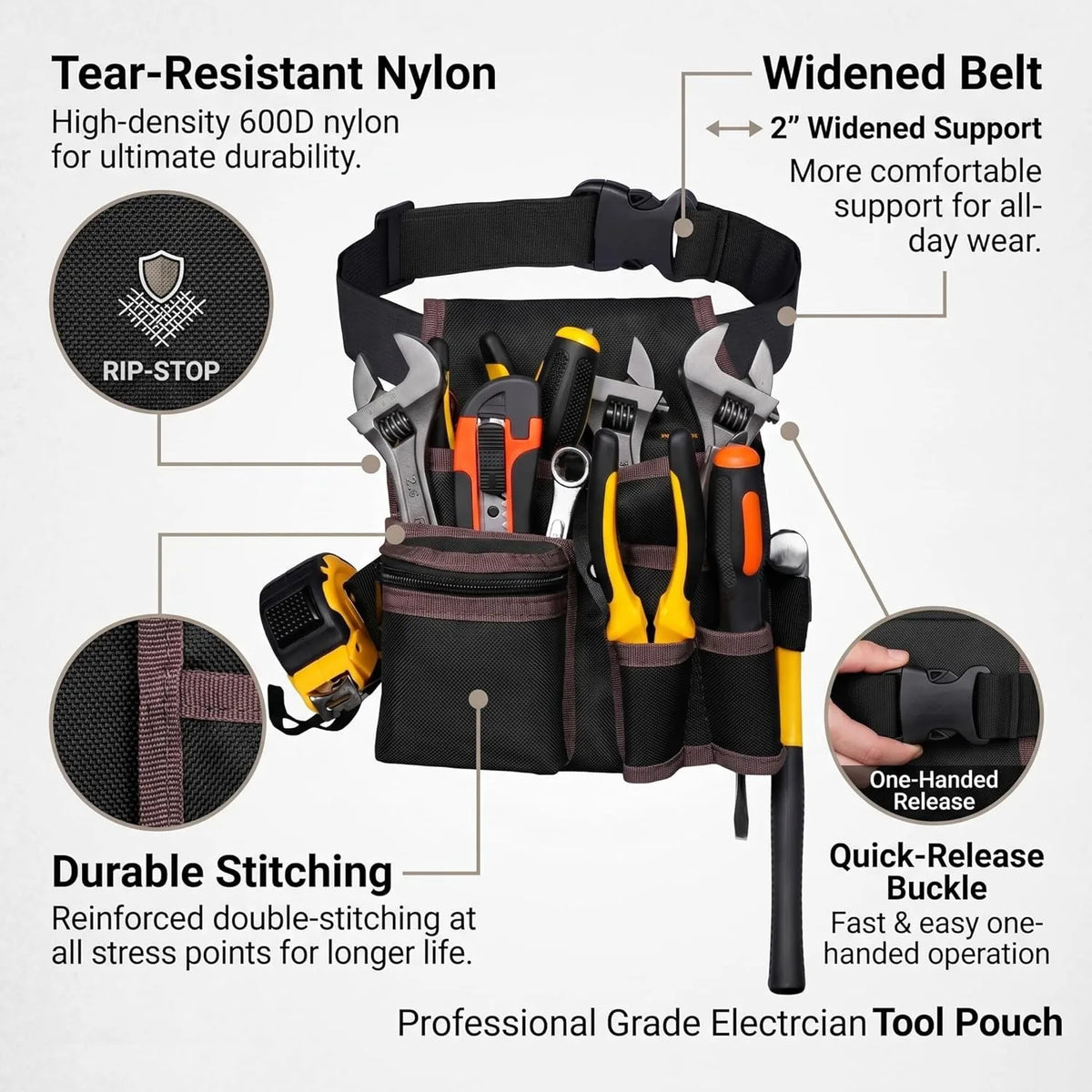 Tool Belt, Electrician Tool Pouch, Adjustable Tool Belts for Men Women, Utility Belt with Hammer Holder, Multi-Pocket Organizer