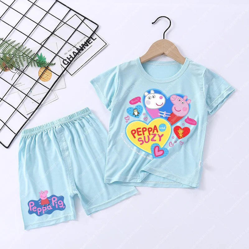 Children Anime Cute Pajama Set Cartoon Peppa Pigs Casual Pajamas Summer Clothing Nightwear Homewear Short Sleeve Loungewear Gift