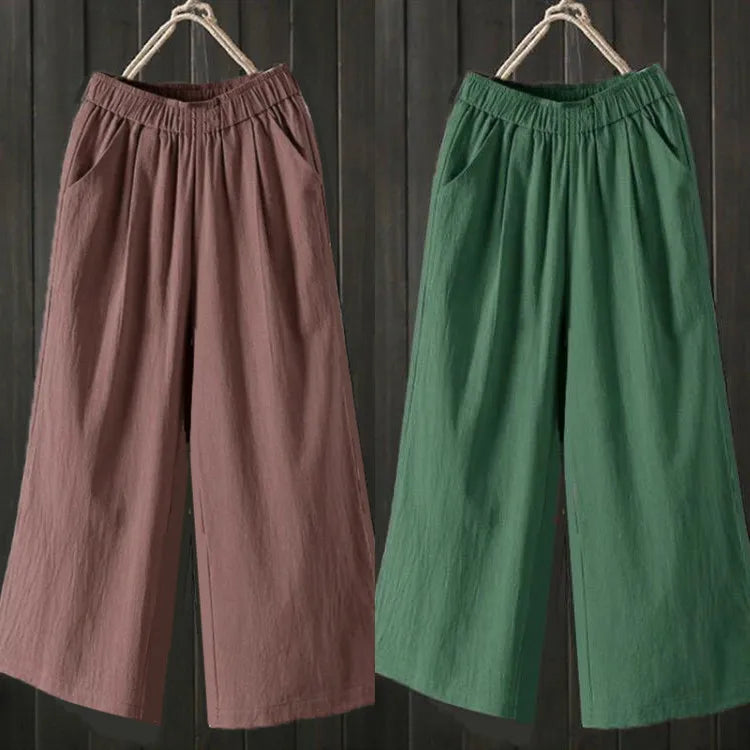 Pure Cotton Wide Leg Pants Women's Summer Loose Mom Large Size Cotton Nine Points Casual Pants High Waist Straight Cut Trousers