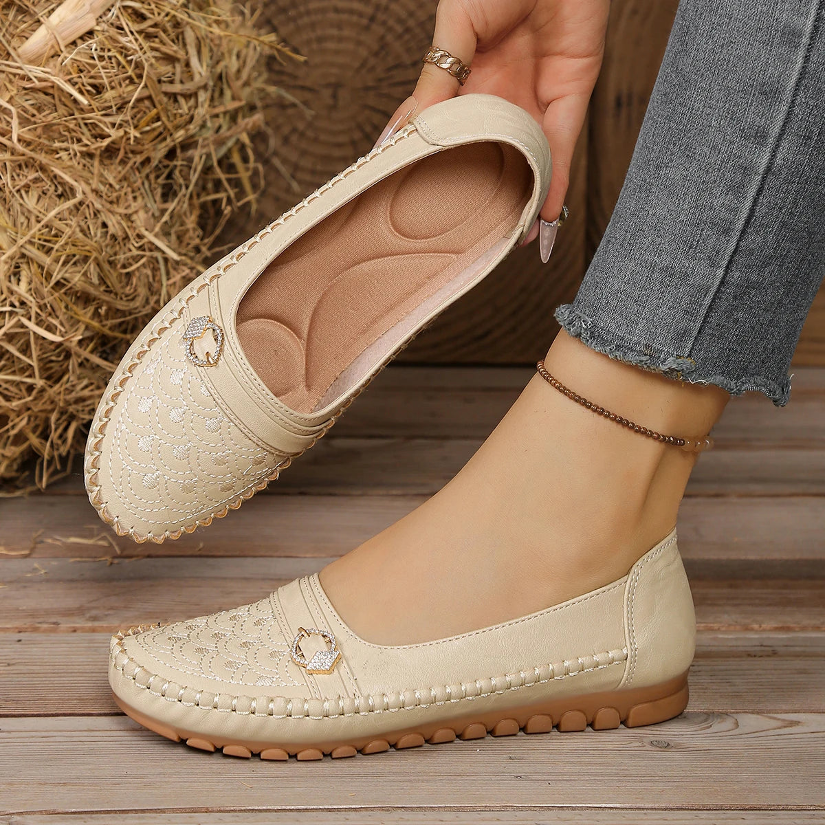 goreyodoly Women Comfortable Slip-On Loafers, Lightweight Breathable Wide Fit Flats with Embroidery & Rhinestone Buckle
