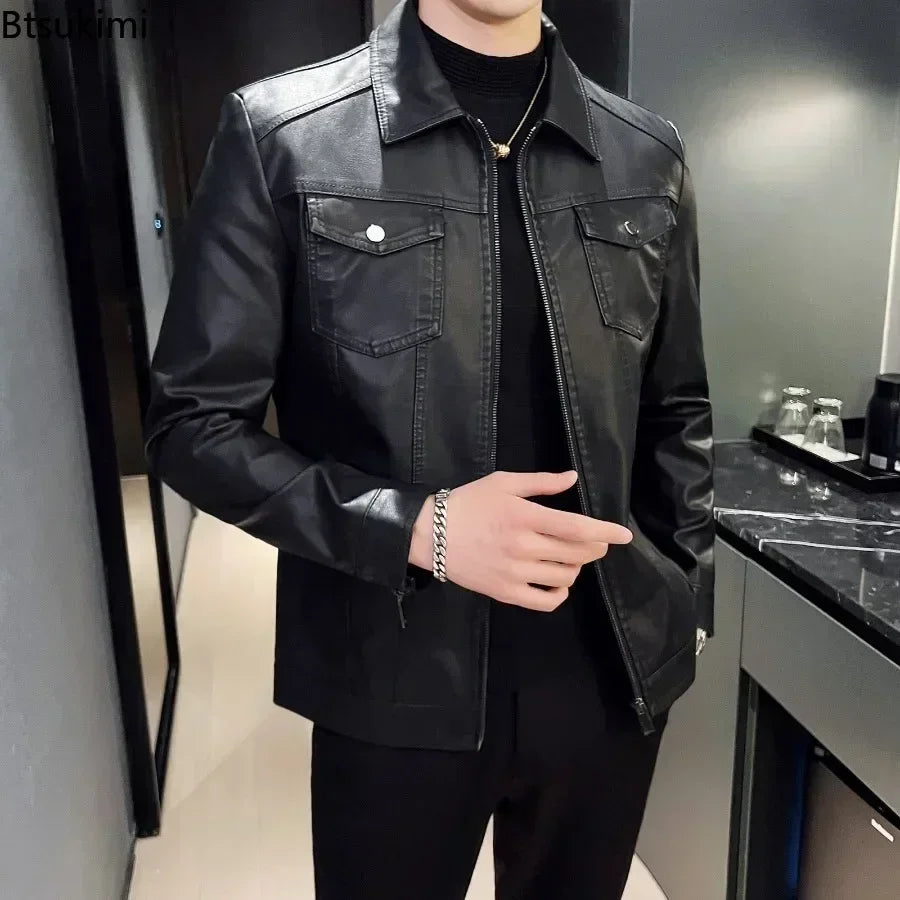 New Men's Leather Jackets Motorcycle Coats High Quality Slim Business PU Leather Tops Fashion Black Plush Warm Clothing for Men