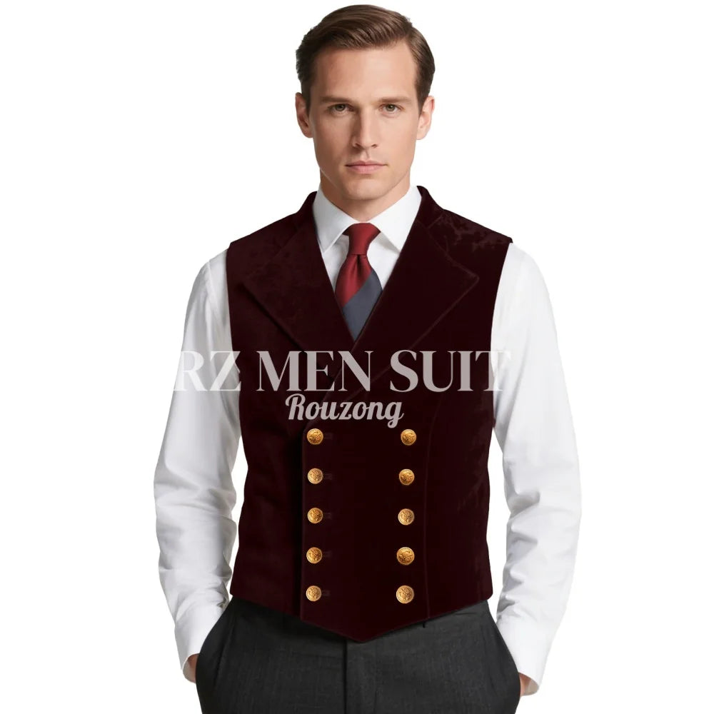 Mens Velvet Suit Vest Retro Lapel Double Breasted Tuxedo Vests Victorian Formal Waistcoat chaleco hombre