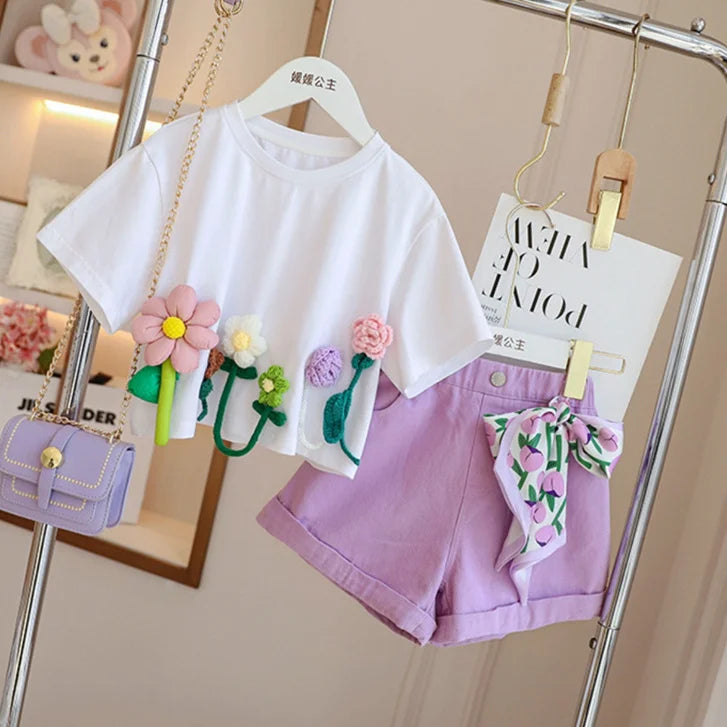 Children's T-Shirts Three-dimensional Flower Decoration Short Sleeve Kids Clothes for 3 To 13 Years Girls Tshirts
