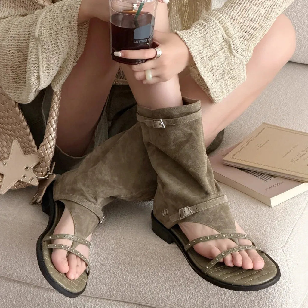 Women's Boots New style mid-calf boots with buckle mid-heel mid-length boots summer flip-flops chunky heel shoes for Women