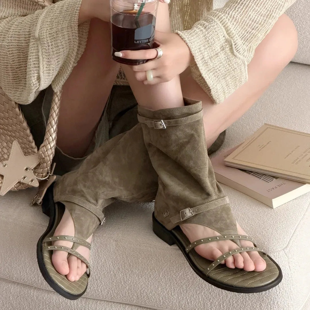Women's Boots New style mid-calf boots with buckle mid-heel mid-length boots summer flip-flops chunky heel shoes for Women