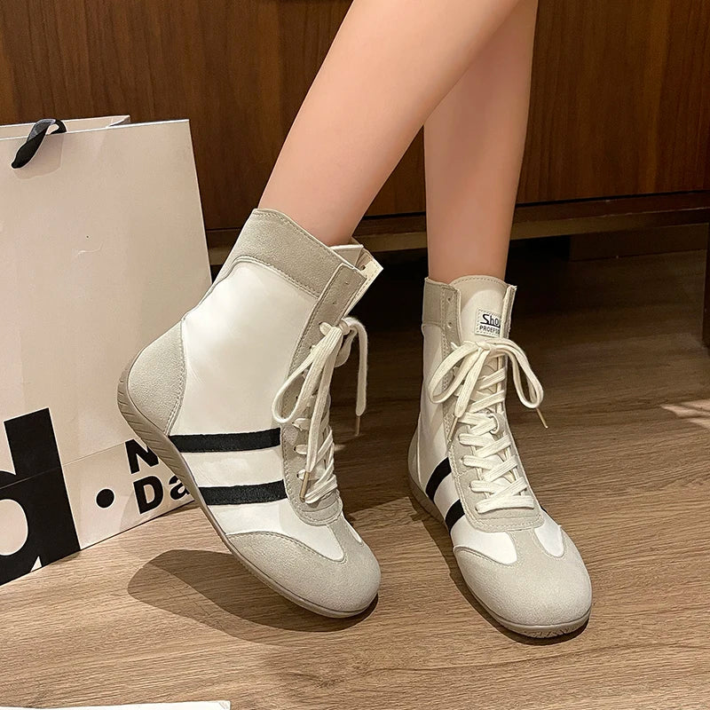 2025 Women's Sneakers Fashion High-top German Training Female Shoes Retro Round Toe Lace-up Boxing Boots for Women