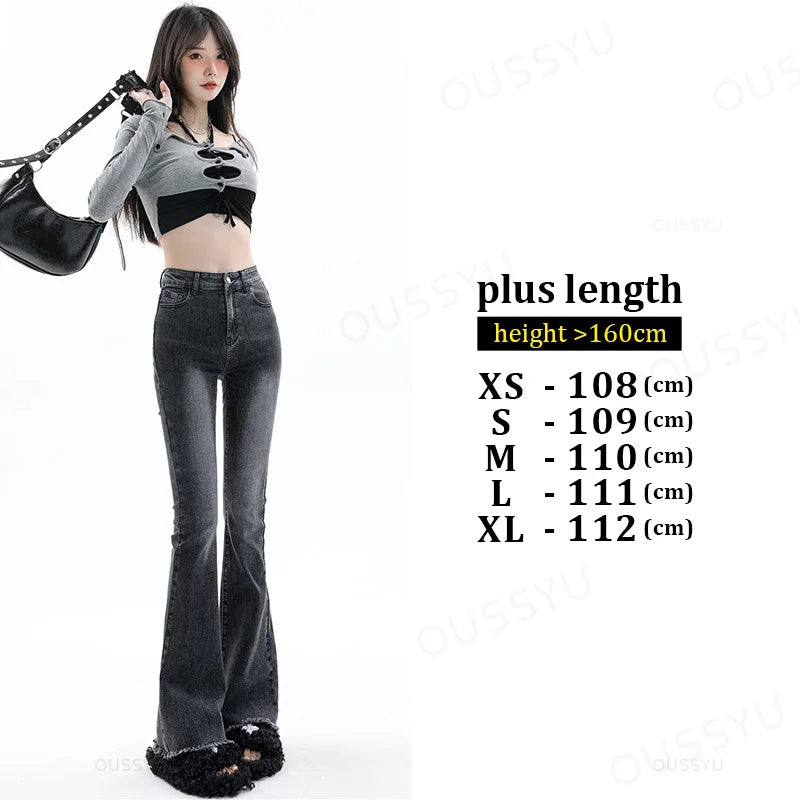 Spring Summer Flared Jeans Women Cotton Vintage Blue Denim Pants Streetwear Elastic High Waist Slim Harajuku Trouser Plus Length